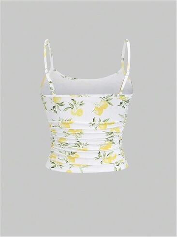WDIRARA Women's Lemon Print Cami Top Ruched Spaghetti Strap Camisole Vacation Fitted Crop Tops in Saudi Arabia