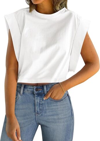 IWD Cap Sleeve Tops for Women Summer Crewneck Drop Shoulder Cropped Tank Top Dressy Casual Loose Fit Basic T-Shirts in Kuwait