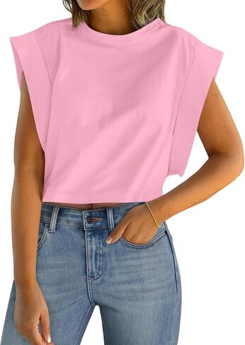 IWD Cap Sleeve Tops for Women Summer Crewneck Drop Shoulder Cropped Tank Top Dressy Casual Loose Fit Basic T-Shirts in Saudi Arabia