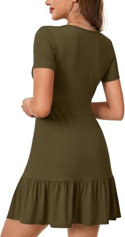 LYANER Women's Sexy Wrap V Neck Short Sleeve Sundress Ruffle A Line Flare Summer Mini Dress in Saudi Arabia