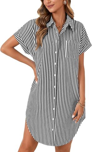 Rooscier Women's Striped Shirt Button Down Short Sleeve Split Side Mini Dress in Saudi Arabia
