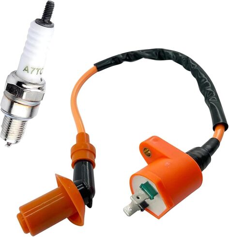 2 PCS Motorcycle Ignition Coil and Spark Plug, High-voltage Ignition Coil, Waterproof Heat-resistant Spark Plug, for 50CC 110CC 125CC 150CC Gy6 Four-stroke Engine (Orange) in Kuwait