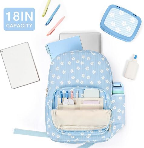 mibasies School Backpack for Girls with Laptop Sleeve: 18IN Large Capacity Corduroy Bookbag for Primary Middle School/College, Travel Daypack for Teens Women - Blue Flower in Saudi Arabia