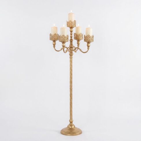 شمعدان أرضي ذهبي عتيق - حامل شموع عتيق بطول 40.2 بوصة مع فانوس زجاجي، حامل عمود معدني قوطي ريفي لديكور المنزل، قطعة مركزية لحفلات الزفاف والمناسبات in Kuwait