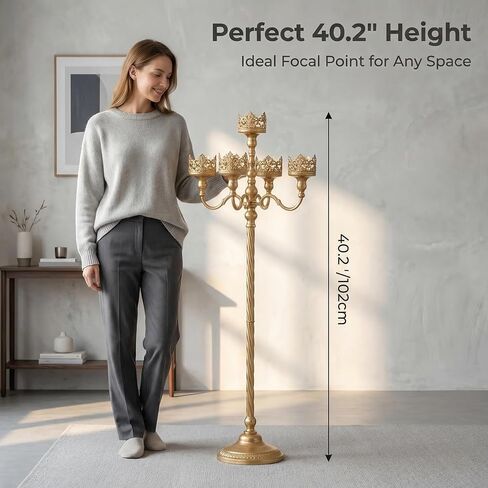 شمعدان أرضي ذهبي عتيق - حامل شموع عتيق بطول 40.2 بوصة مع فانوس زجاجي، حامل عمود معدني قوطي ريفي لديكور المنزل، قطعة مركزية لحفلات الزفاف والمناسبات in Kuwait