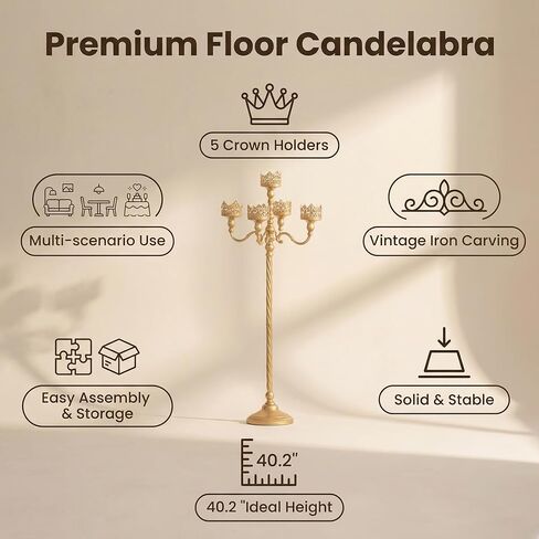 شمعدان أرضي ذهبي عتيق - حامل شموع عتيق بطول 40.2 بوصة مع فانوس زجاجي، حامل عمود معدني قوطي ريفي لديكور المنزل، قطعة مركزية لحفلات الزفاف والمناسبات in Kuwait