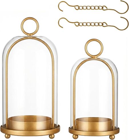 مجموعة من 2 فانوس شموع من GYKLE - حاملات شموع نحاسية عتيقة مع قبب زجاجية سميكة (5.25 بوصة × 10 بوصة و4.5 بوصة × 7.87 بوصة)، مثالية للشموع الدعامة وترتيبات الزهور ولمسات منزلية عتيقة in Kuwait