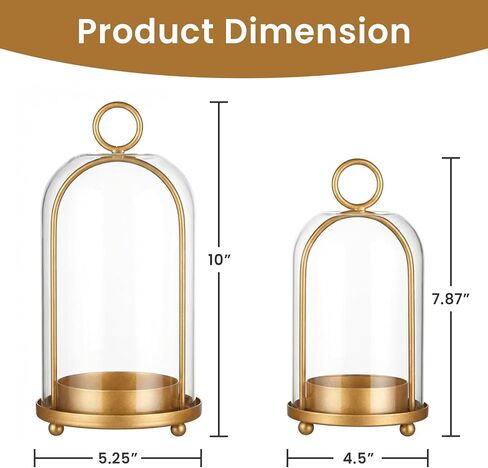 مجموعة من 2 فانوس شموع من GYKLE - حاملات شموع نحاسية عتيقة مع قبب زجاجية سميكة (5.25 بوصة × 10 بوصة و4.5 بوصة × 7.87 بوصة)، مثالية للشموع الدعامة وترتيبات الزهور ولمسات منزلية عتيقة in Kuwait