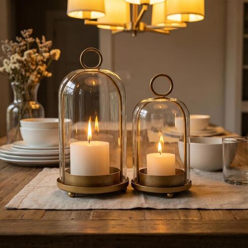 مجموعة من 2 فانوس شموع من GYKLE - حاملات شموع نحاسية عتيقة مع قبب زجاجية سميكة (5.25 بوصة × 10 بوصة و4.5 بوصة × 7.87 بوصة)، مثالية للشموع الدعامة وترتيبات الزهور ولمسات منزلية عتيقة in Kuwait