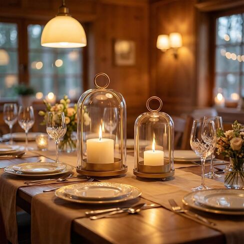 مجموعة من 2 فانوس شموع من GYKLE - حاملات شموع نحاسية عتيقة مع قبب زجاجية سميكة (5.25 بوصة × 10 بوصة و4.5 بوصة × 7.87 بوصة)، مثالية للشموع الدعامة وترتيبات الزهور ولمسات منزلية عتيقة in Kuwait