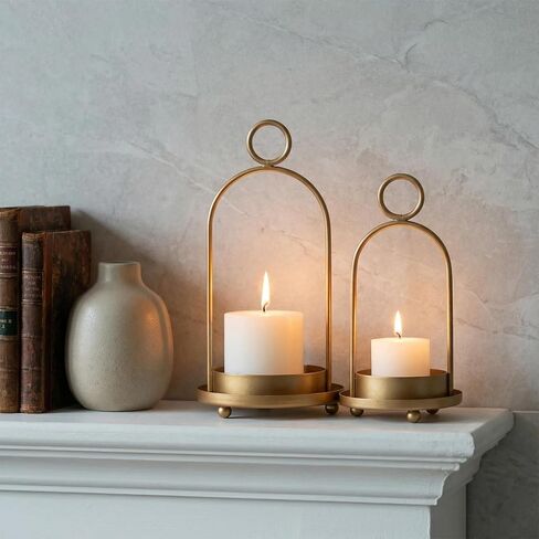 مجموعة من 2 فانوس شموع من GYKLE - حاملات شموع نحاسية عتيقة مع قبب زجاجية سميكة (5.25 بوصة × 10 بوصة و4.5 بوصة × 7.87 بوصة)، مثالية للشموع الدعامة وترتيبات الزهور ولمسات منزلية عتيقة in Kuwait