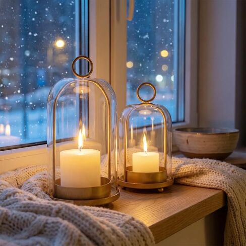 مجموعة من 2 فانوس شموع من GYKLE - حاملات شموع نحاسية عتيقة مع قبب زجاجية سميكة (5.25 بوصة × 10 بوصة و4.5 بوصة × 7.87 بوصة)، مثالية للشموع الدعامة وترتيبات الزهور ولمسات منزلية عتيقة in Kuwait