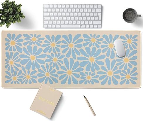 SHIYUE لوحة الماوس حصيرة مكتبية كبيرة، لوحة ماوس كبيرة مضادة للانزلاق مقاس XXL كبيرة مع حواف مخيطة (زهرة زرقاء سماوية، 35.4 بوصة × 15.7 بوصة) in Kuwait