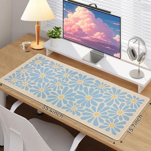 SHIYUE لوحة الماوس حصيرة مكتبية كبيرة، لوحة ماوس كبيرة مضادة للانزلاق مقاس XXL كبيرة مع حواف مخيطة (زهرة زرقاء سماوية، 35.4 بوصة × 15.7 بوصة) in Kuwait
