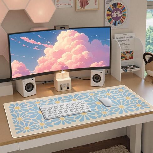 SHIYUE لوحة الماوس حصيرة مكتبية كبيرة، لوحة ماوس كبيرة مضادة للانزلاق مقاس XXL كبيرة مع حواف مخيطة (زهرة زرقاء سماوية، 35.4 بوصة × 15.7 بوصة) in Kuwait