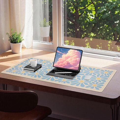 SHIYUE لوحة الماوس حصيرة مكتبية كبيرة، لوحة ماوس كبيرة مضادة للانزلاق مقاس XXL كبيرة مع حواف مخيطة (زهرة زرقاء سماوية، 35.4 بوصة × 15.7 بوصة) in Kuwait