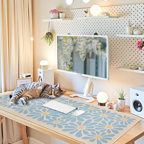 SHIYUE لوحة الماوس حصيرة مكتبية كبيرة، لوحة ماوس كبيرة مضادة للانزلاق مقاس XXL كبيرة مع حواف مخيطة (زهرة زرقاء سماوية، 35.4 بوصة × 15.7 بوصة) in Kuwait