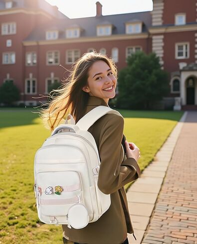 Cute Backpack for Teen Girls Boys, Aesthetic Laptop Bookbag for College High Middle School Student,Beige in Kuwait