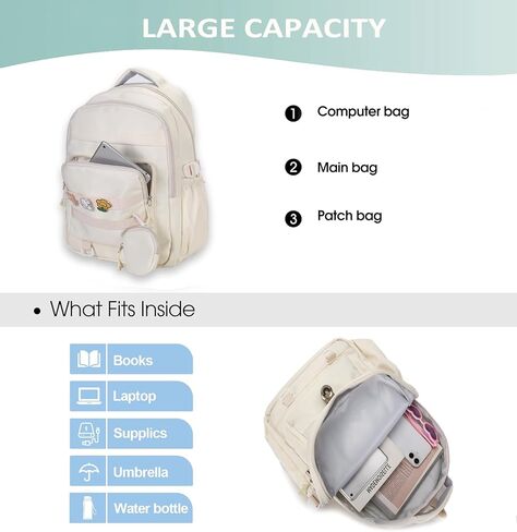 Cute Backpack for Teen Girls Boys, Aesthetic Laptop Bookbag for College High Middle School Student,Beige in Kuwait