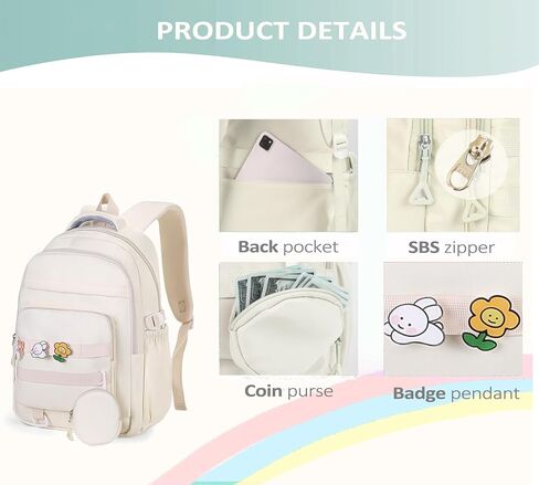 Cute Backpack for Teen Girls Boys, Aesthetic Laptop Bookbag for College High Middle School Student,Beige in Kuwait