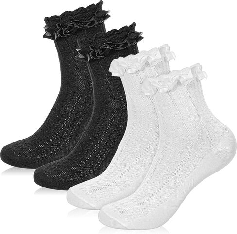 2 Pairs Ruffle Ankle Socks Women Ruffle Lace Socks Women Cute Stylish Cotton Ruffle Frilly Ruffle Dress Socks for Women(White & Black) in Saudi Arabia