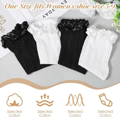 2 Pairs Ruffle Ankle Socks Women Ruffle Lace Socks Women Cute Stylish Cotton Ruffle Frilly Ruffle Dress Socks for Women(White & Black) in Saudi Arabia