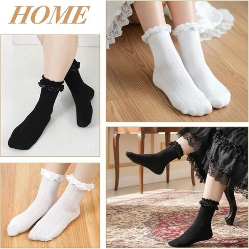 2 Pairs Ruffle Ankle Socks Women Ruffle Lace Socks Women Cute Stylish Cotton Ruffle Frilly Ruffle Dress Socks for Women(White & Black) in Saudi Arabia
