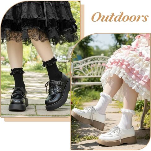 2 Pairs Ruffle Ankle Socks Women Ruffle Lace Socks Women Cute Stylish Cotton Ruffle Frilly Ruffle Dress Socks for Women(White & Black) in Saudi Arabia