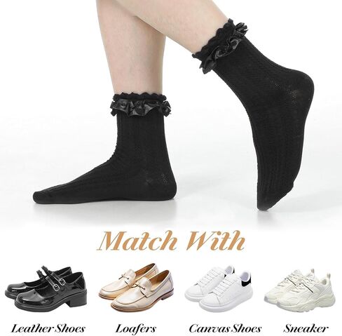 2 Pairs Ruffle Ankle Socks Women Ruffle Lace Socks Women Cute Stylish Cotton Ruffle Frilly Ruffle Dress Socks for Women(White & Black) in Saudi Arabia