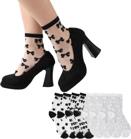 جوارب شبكية شفافة للنساء، دانتيل منقط شفاف من خلال أحذية نايلون شفافة، جوارب صيفية رفيعة 4 أزواج in Kuwait