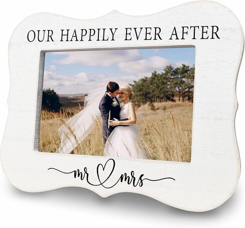 إطار الزفاف الخاص بنا Happily Ever After لصور مقاس 4 × 6 بوصات - هدايا الزفاف إطار صور خشبي أبيض - هدايا الخطوبة للعروسين الجدد، العروس والعريس المتزوجين للتو، لوازم وديكور شهر العسل - C08 in Kuwait