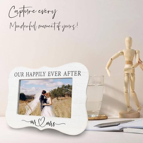 إطار الزفاف الخاص بنا Happily Ever After لصور مقاس 4 × 6 بوصات - هدايا الزفاف إطار صور خشبي أبيض - هدايا الخطوبة للعروسين الجدد، العروس والعريس المتزوجين للتو، لوازم وديكور شهر العسل - C08 in Kuwait