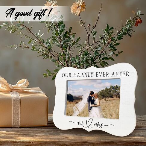 إطار الزفاف الخاص بنا Happily Ever After لصور مقاس 4 × 6 بوصات - هدايا الزفاف إطار صور خشبي أبيض - هدايا الخطوبة للعروسين الجدد، العروس والعريس المتزوجين للتو، لوازم وديكور شهر العسل - C08 in Kuwait