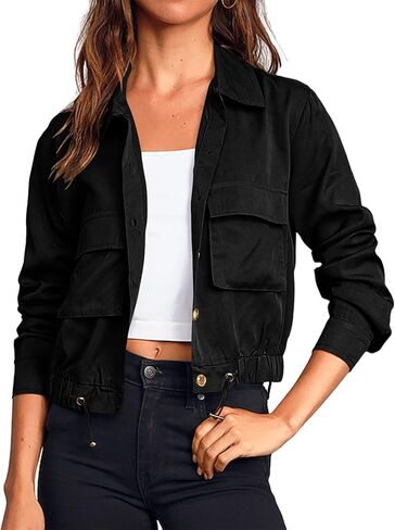 Women's Jackets Military Safari Cropped Button Down Lightweight Oversized Utility Anorak Coat with Pockets in Saudi Arabia