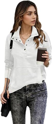 Womens Plush Fleece Henley Sweatshirt Convertible High Neck and V Neck Pullover in Saudi Arabia