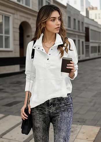 Womens Plush Fleece Henley Sweatshirt Convertible High Neck and V Neck Pullover in Saudi Arabia