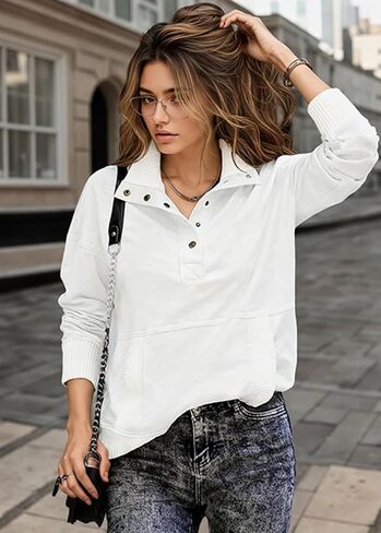 Womens Plush Fleece Henley Sweatshirt Convertible High Neck and V Neck Pullover in Saudi Arabia