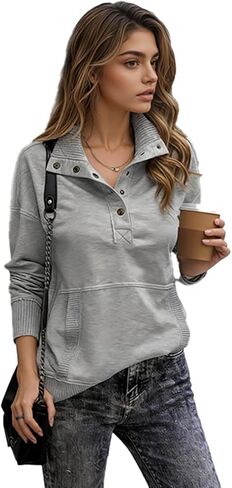 Womens Plush Fleece Henley Sweatshirt Convertible High Neck and V Neck Pullover in Saudi Arabia