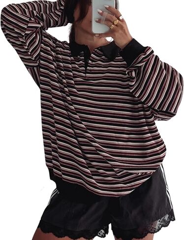 Argeousgor Women Y2k Striped Rugby Shirt Vintage Long Sleeve Collared Shirt Preppy Polo Sweatshirt Jersey Girls Streetwear in Saudi Arabia