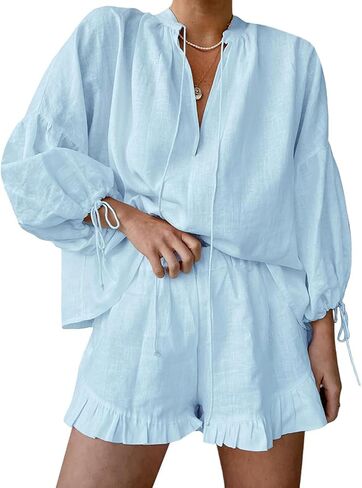 Womens Ruffle Pajamas 2 Piece Cotton Linen Shorts Sets Long Sleeve Tie Front Vacation Outfits Matching in Saudi Arabia