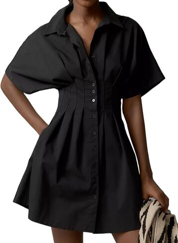 فستان نسائي بأزرار أمامية بطيات، فستان صيفي كاجوال بأكمام قصيرة، بلوزة بطيات، فستان قصير in Kuwait