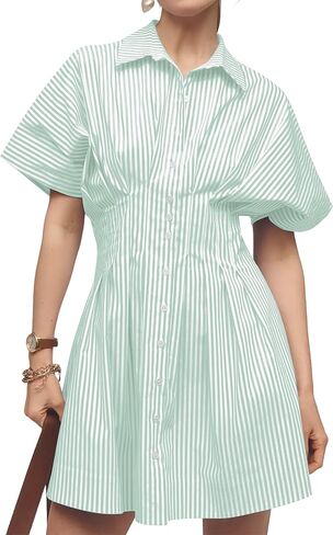 Women Button Front Pleated Shirt Dress Summer Casual Short Sleeve Pleated Blouse Mini Dress in Saudi Arabia