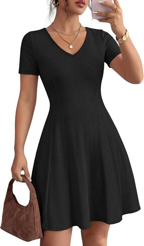 ZESICA Womens Summer Ribbed Knit Mini Dress 2026 Spring V Neck Casual Short Sleeve Flowy A Line Work Sweater Dresses in Saudi Arabia