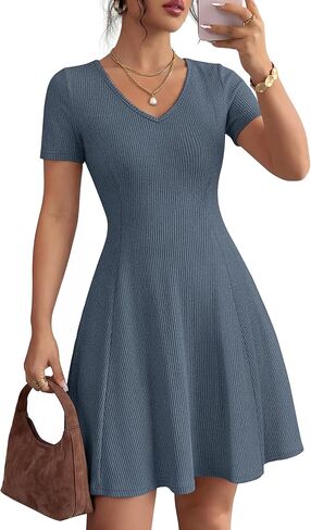 ZESICA Womens Summer Ribbed Knit Mini Dress 2026 Spring V Neck Casual Short Sleeve Flowy A Line Work Sweater Dresses in Saudi Arabia