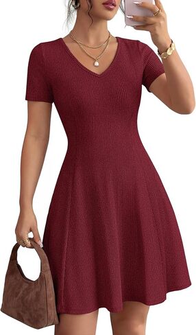 ZESICA Womens Summer Ribbed Knit Mini Dress 2026 Spring V Neck Casual Short Sleeve Flowy A Line Work Sweater Dresses in Saudi Arabia
