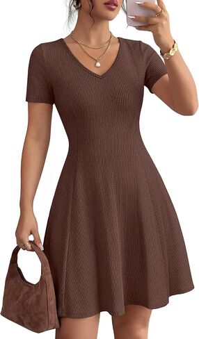 ZESICA Womens Summer Ribbed Knit Mini Dress 2026 Spring V Neck Casual Short Sleeve Flowy A Line Work Sweater Dresses in Saudi Arabia