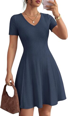 ZESICA Womens Summer Ribbed Knit Mini Dress 2026 Spring V Neck Casual Short Sleeve Flowy A Line Work Sweater Dresses in Saudi Arabia