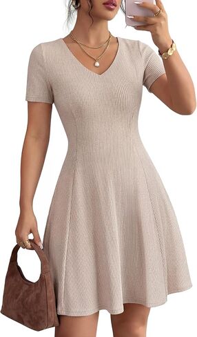 ZESICA Womens Summer Ribbed Knit Mini Dress 2026 Spring V Neck Casual Short Sleeve Flowy A Line Work Sweater Dresses in Saudi Arabia