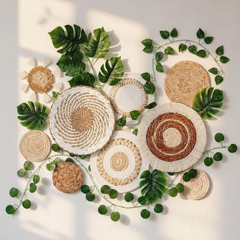 Xuhal 15 Pack Boho Wall Basket Set Artificial Plants Handmade Hanging Woven Baskets Wall Decor Fake Monstera Leaves Vines Seagrass Rattan Wicker Boho Decor Art for Farmhouse Kitchen Room Bedroom in Saudi Arabia