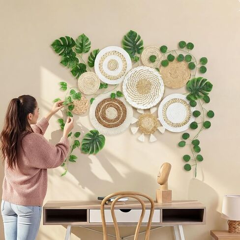 Xuhal 15 Pack Boho Wall Basket Set Artificial Plants Handmade Hanging Woven Baskets Wall Decor Fake Monstera Leaves Vines Seagrass Rattan Wicker Boho Decor Art for Farmhouse Kitchen Room Bedroom in Saudi Arabia